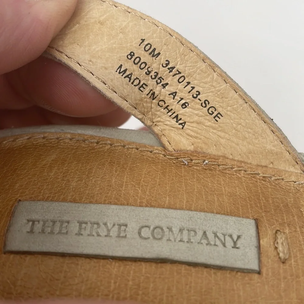 FRYE SANDALS Wedge Heel Shoes Ankle Strap Bow Tan Sage Leather Size 10